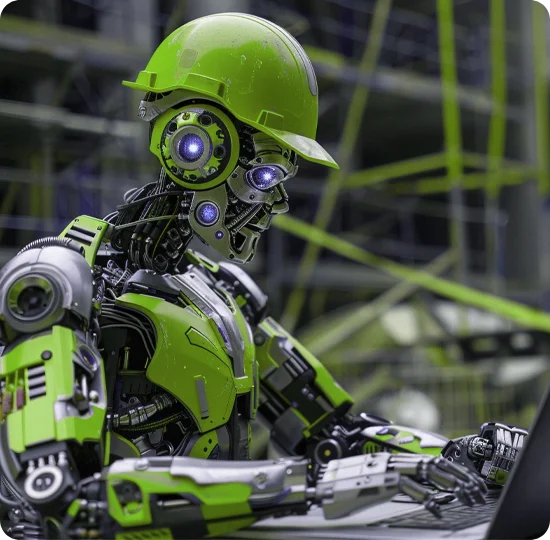 A lime green industrial robot at work